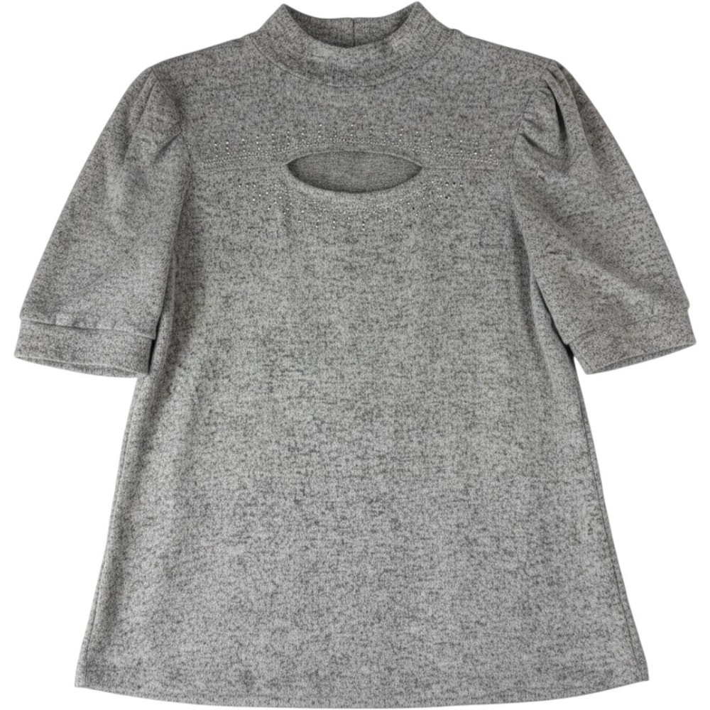 NWT A Love Story Womens XL Gray Rhinestone Keyhole Mock Neck Puff Sleeve Top